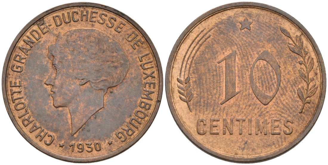 Люксембург 10 сантимов 1930 Шарлотта (1918-1964) KM 41 бронза 4566-624