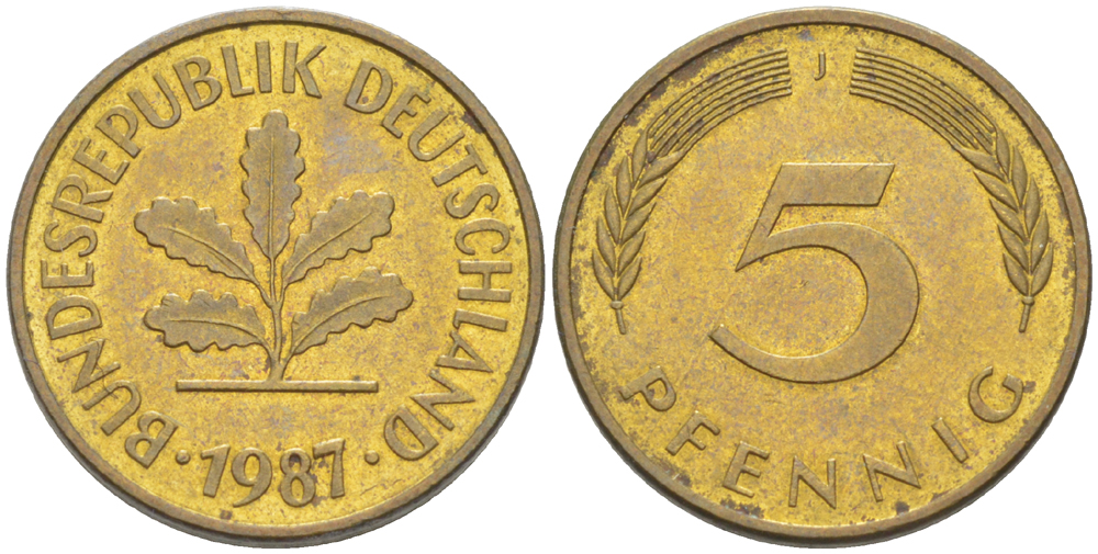 ФРГ 5 ПФЕННИГОВ 1987 J KM 107, J. 382 сталь плакированная латунью 4181-1026