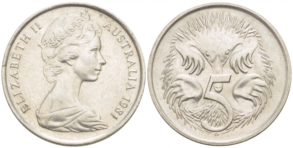 Австралия 5 центов 1981 Елизавета II (1952-2022), ехидна KM 64 медно-никель UNC 4532-562