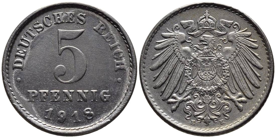 ГЕРМАНИЯ 5 ПФЕННИГОВ 1918 E KM 19, Jager 297, Weege 5 железо 4547-569