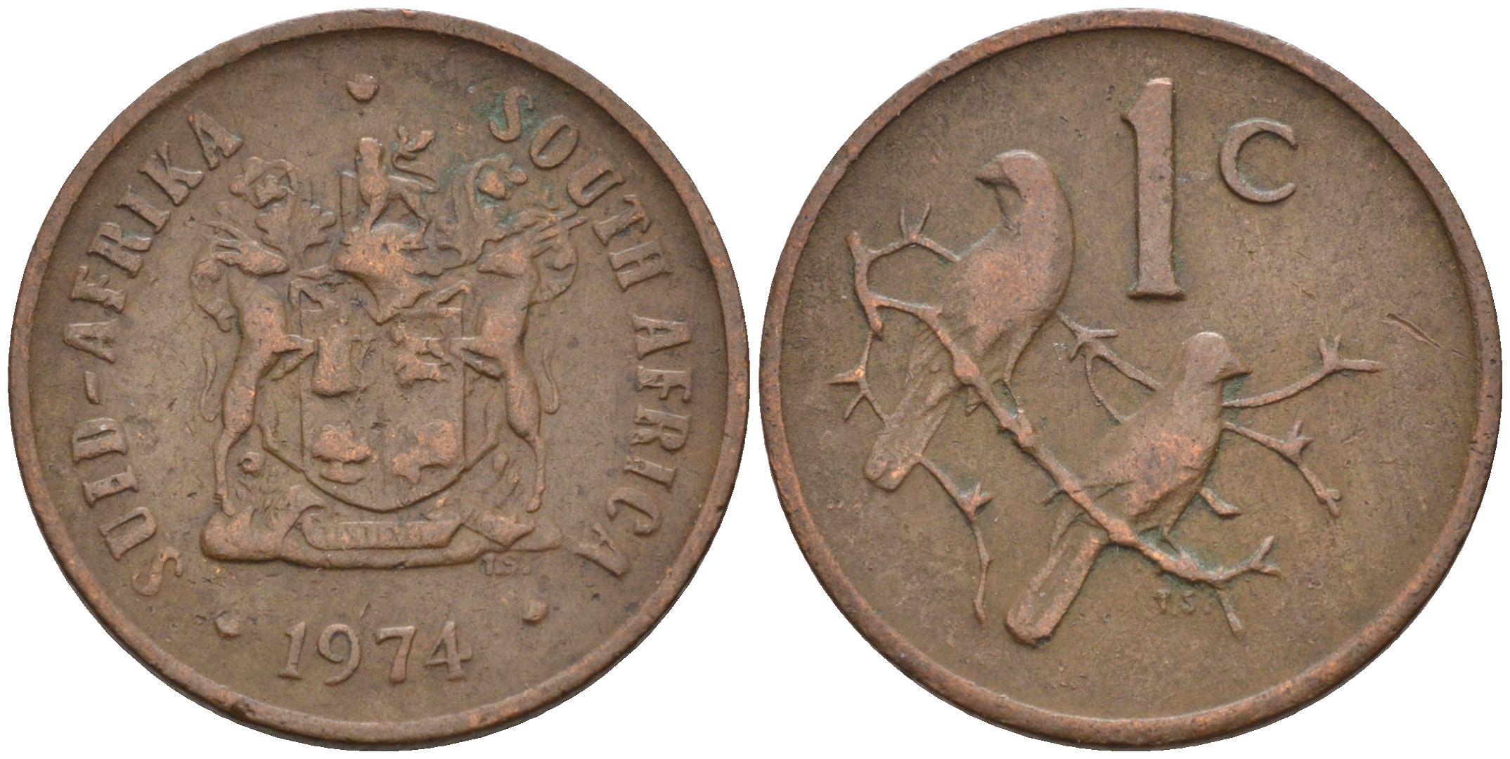 ЮАР 1 цент 1974 герб, капские воробьи KM 82 бронза 4588-1255