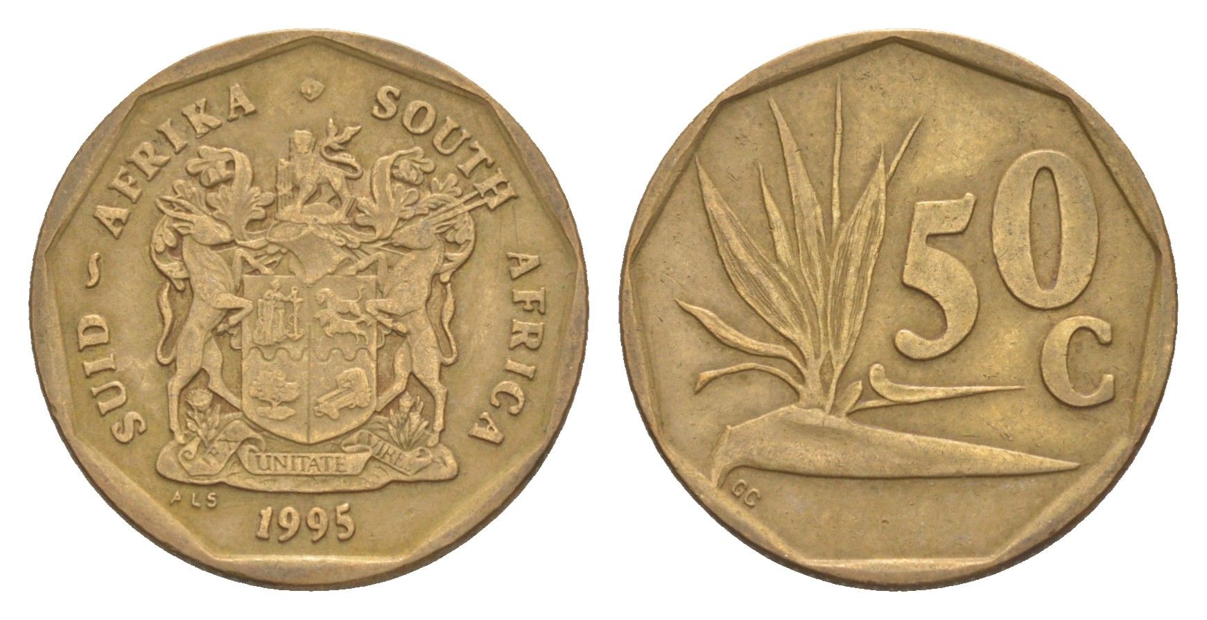 ЮАР 50 центов 1995 Зантедеския Эллиота (калла), герб KM 137 сталь плакированная бронзой 4618-628