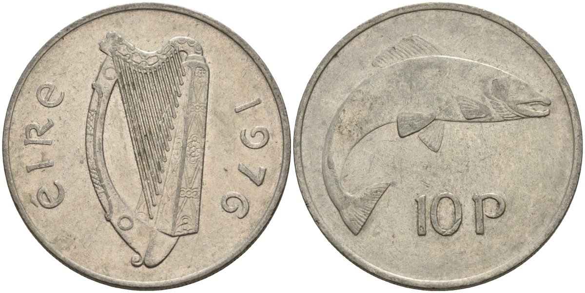 Ирландия 10 пенсов 1976 лосось KM 23 медно-никель 4144-1023