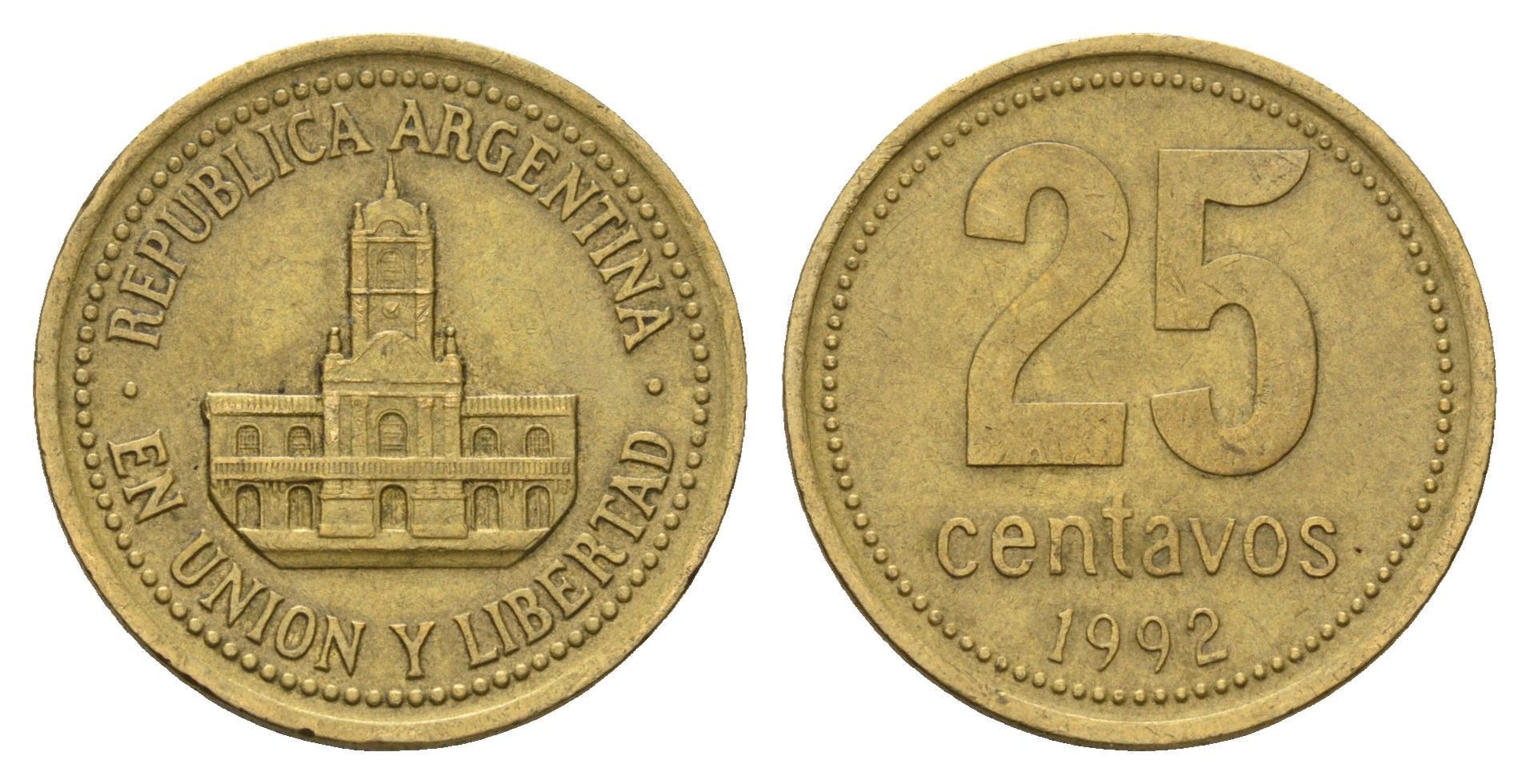 Аргентина 25 сентаво 1992 ратуша Буэнос-Айреса KM 110.1 алюминиевая бронза 4575-355