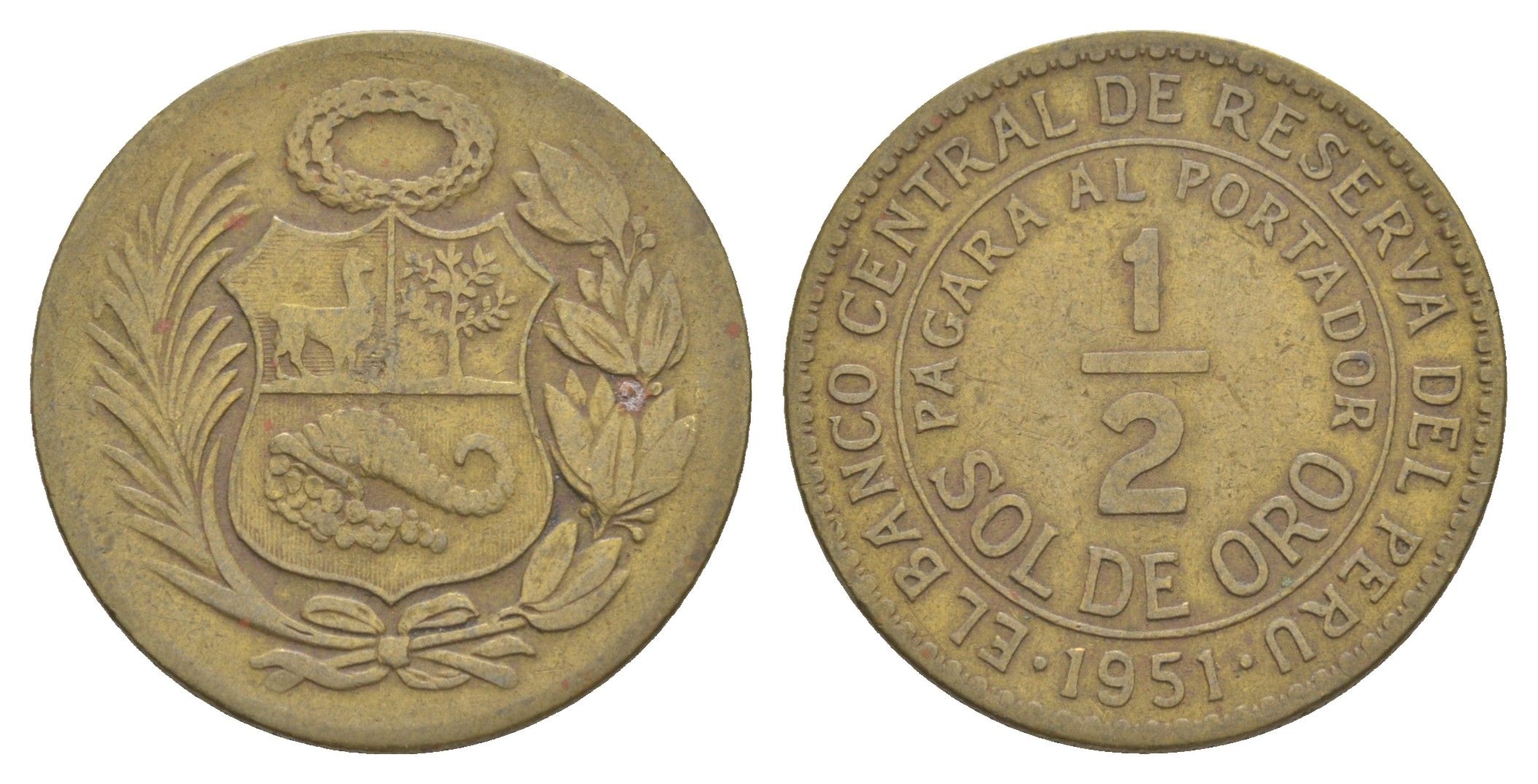 Перу 1/2 соль 1951 редкий год KM 220 латунь 4620-227