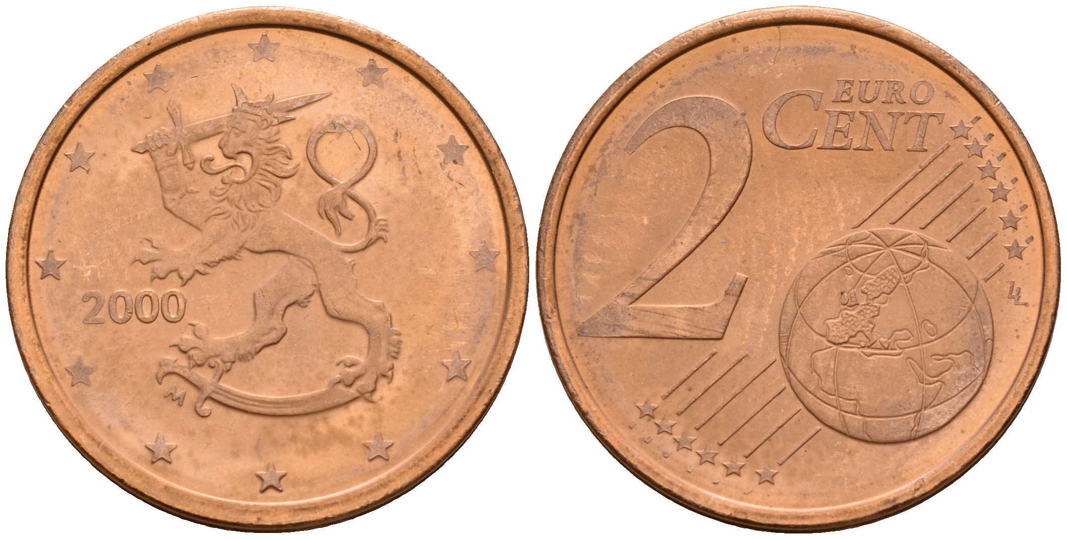 Финляндия 2 евроцента 2000  KM 99 сталь плакированная медью  UNC  4564-358