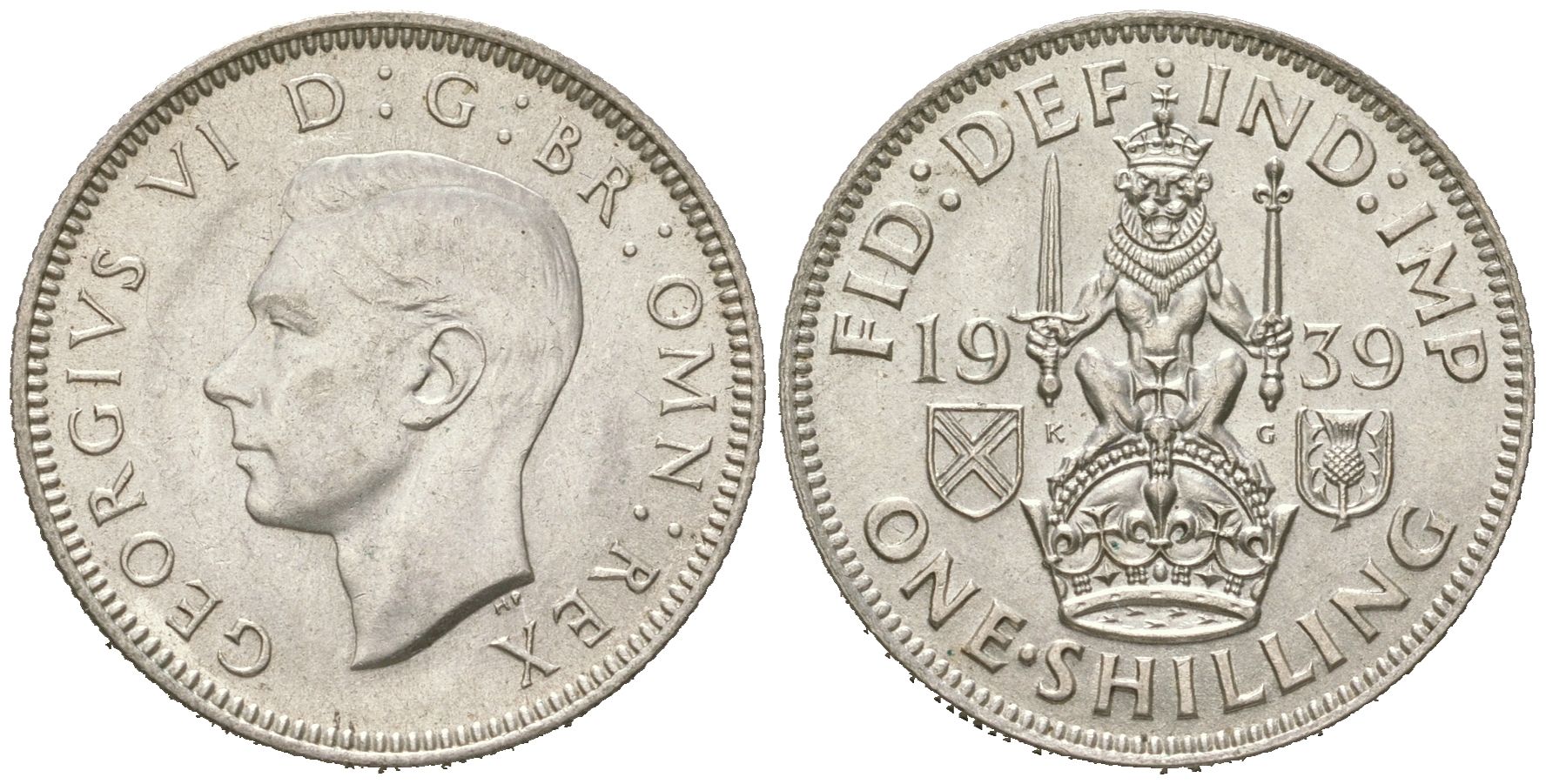 Великобритания 1 шиллинг 1939 Георг VI (1936-1952), Шотландский герб KM 854, Spink 4083 серебро aUNC 4619-826