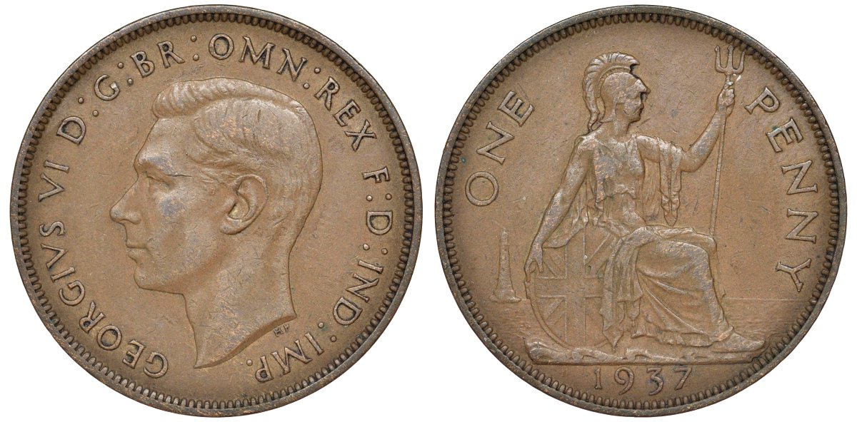 Великобритания 1 пенни 1937 Георг VI (1936-1952) KM 845, Spink 4114 бронза 51-2321