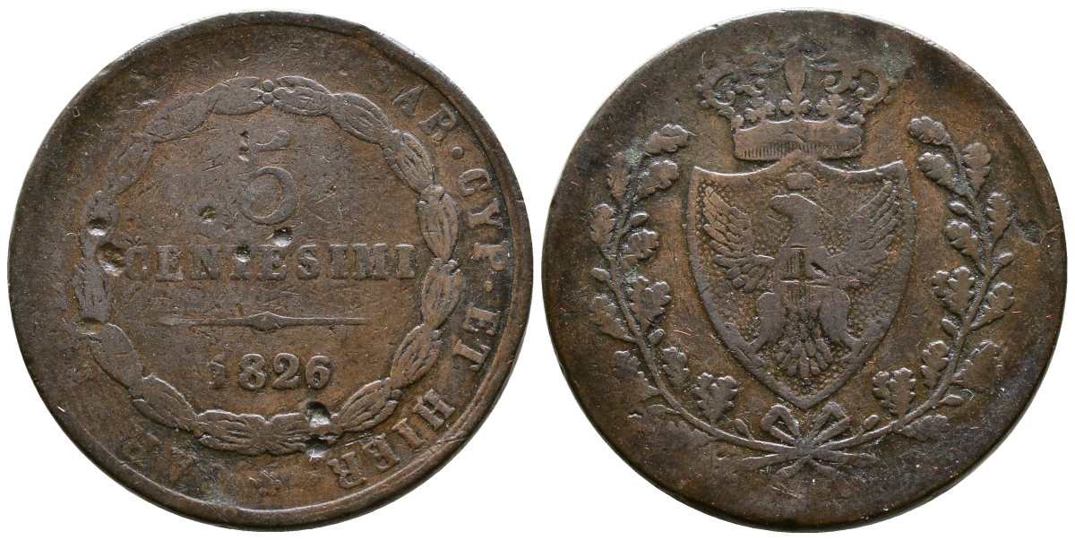 ИТАЛИЯ САРДИНИЯ 5 ЧЕНТЕЗИМО 1826 ПРОВИНЦИЯ KM 100.2 медь 08-823