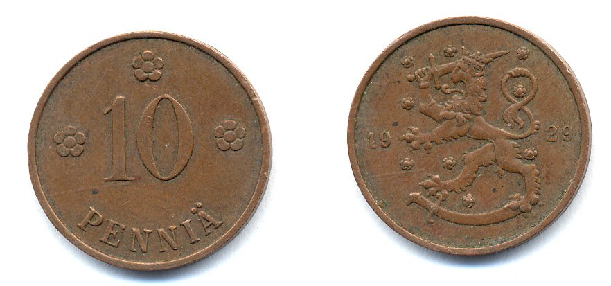 Финляндия 10 пенни 1929 республика (1918-1962) KM 24 медь 46-1636