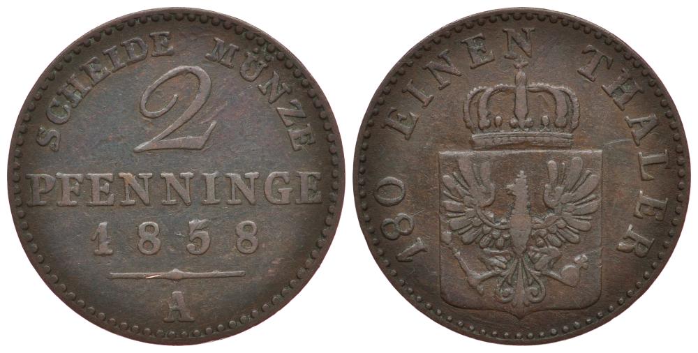 Пруссия 2 пфеннига 1858 A, Фридрих Вильгельм IV (1840-1861) KM 452, Jaeger 51, Olding 336, AKS 91 медь 186-623