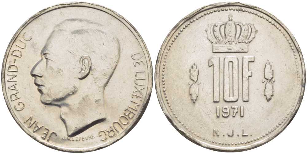 Люксембург 10 франков 1971 Великий герцог Жан (1964-2000) KM 57 никель 4389-1222