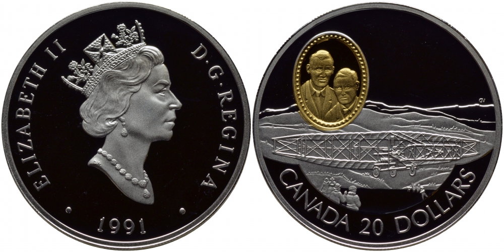 Канада 20 долларов 1991 пионеры авиации Дуглас МакКарди и Александр Белл, самолет серебряный дротик (Silver Dart) KM 196 серебро, позолота PROOF 1077-2-11