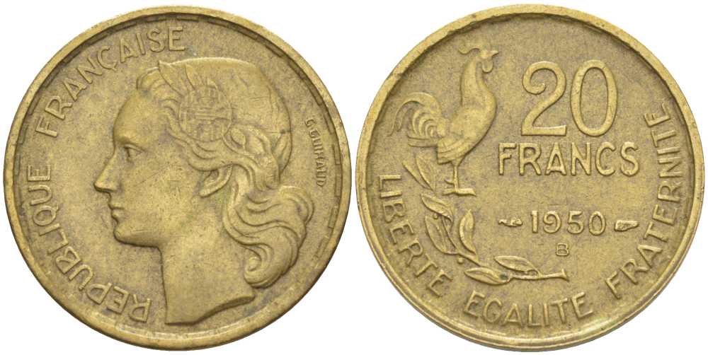 ФРАНЦИЯ 20 ФРАНКОВ 1950 В, 4 ПЕРА KM 917.2, LE FRANC 402.4 алюминиевая бронза 175-651
