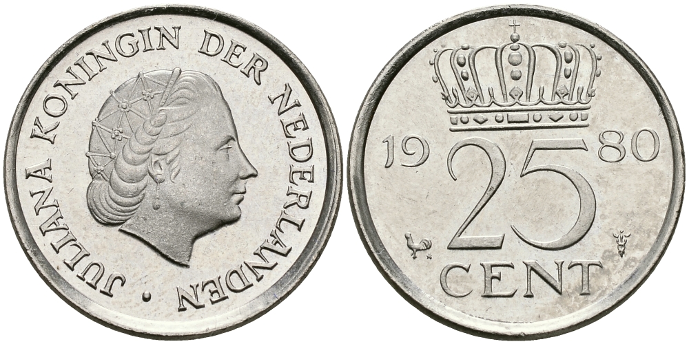 НИДЕРЛАНДЫ 25 ЦЕНТОВ 1980 ЮЛИАНА KM 183 никель 96-257
