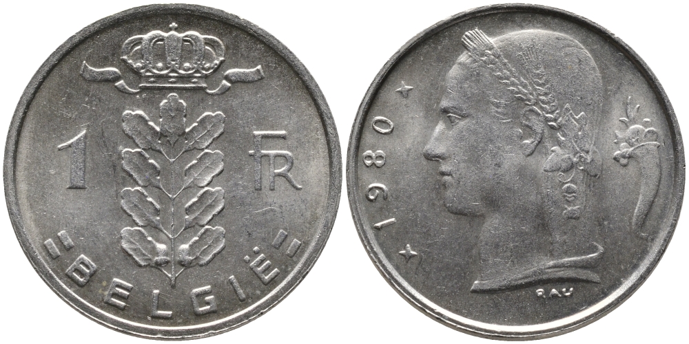 БЕЛЬГИЯ 1 ФРАНК 1980 BELGIE KM 143.1 медно-никель 65-1141