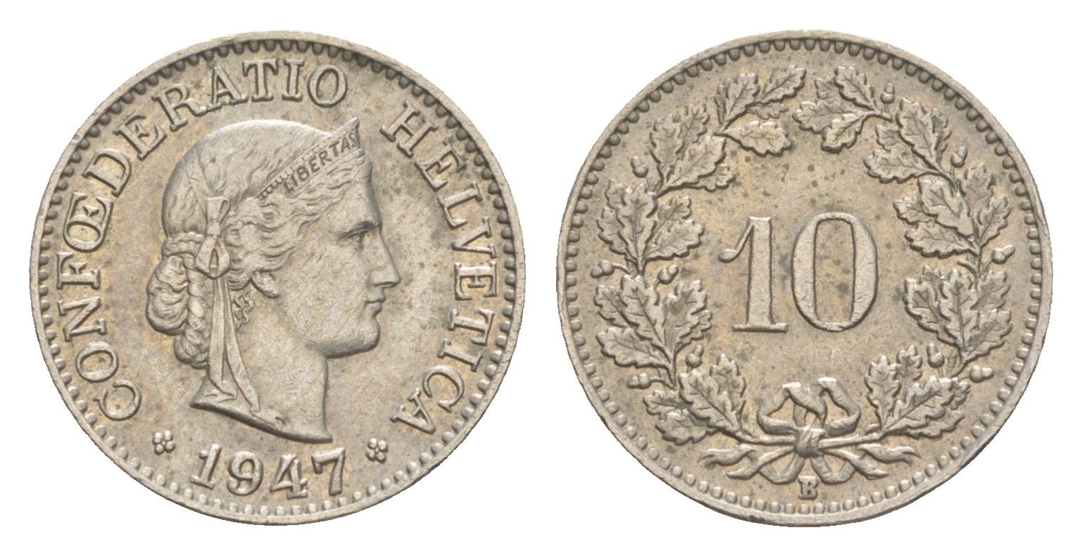 Швейцария 10 раппенов 1947 B KM 27 медно-никель 4532-1167