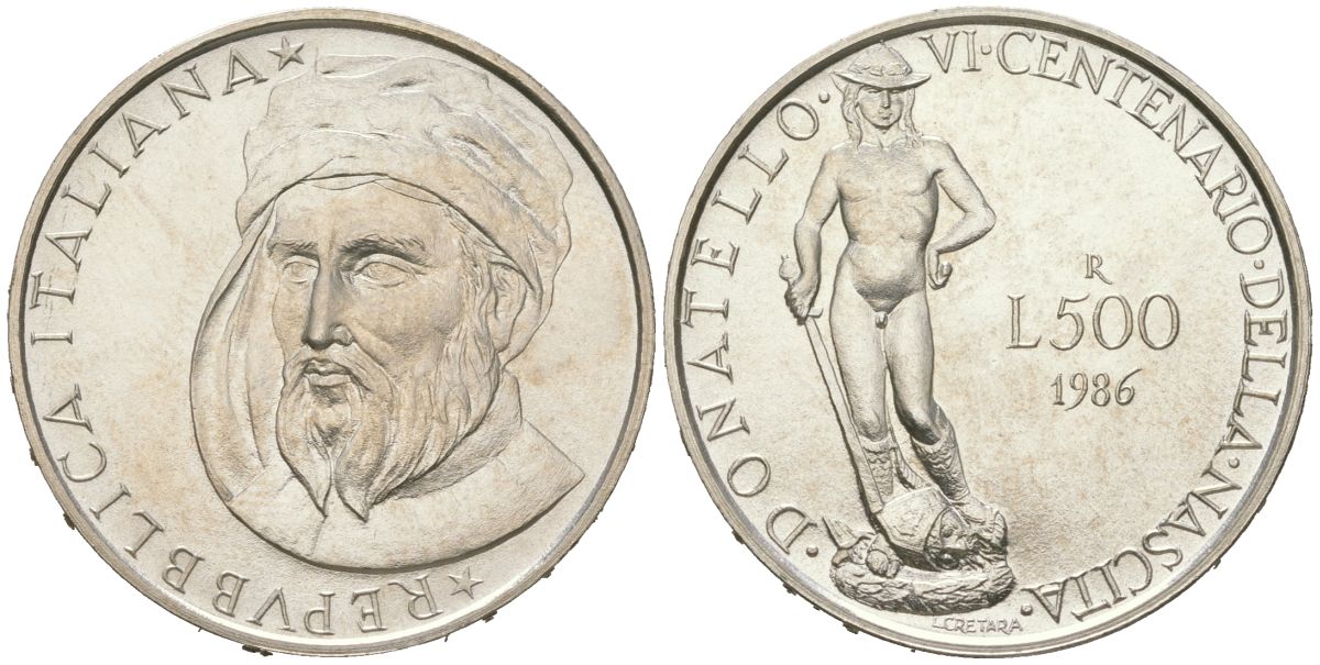 Италия 500 лир 1986 R, 600 лет со дня рождения Донателло KM 124 серебро BU 1529-1235
