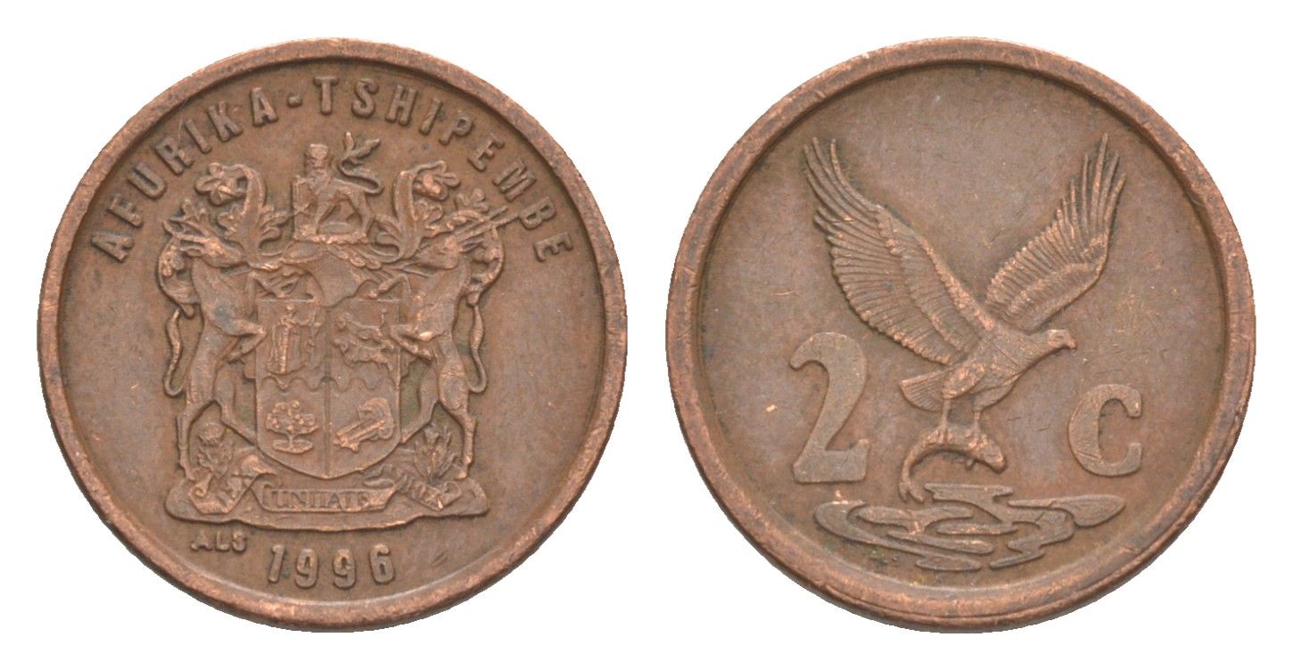 ЮАР 2 цента 1996 KM 159 сталь плакированная медью 4621-222