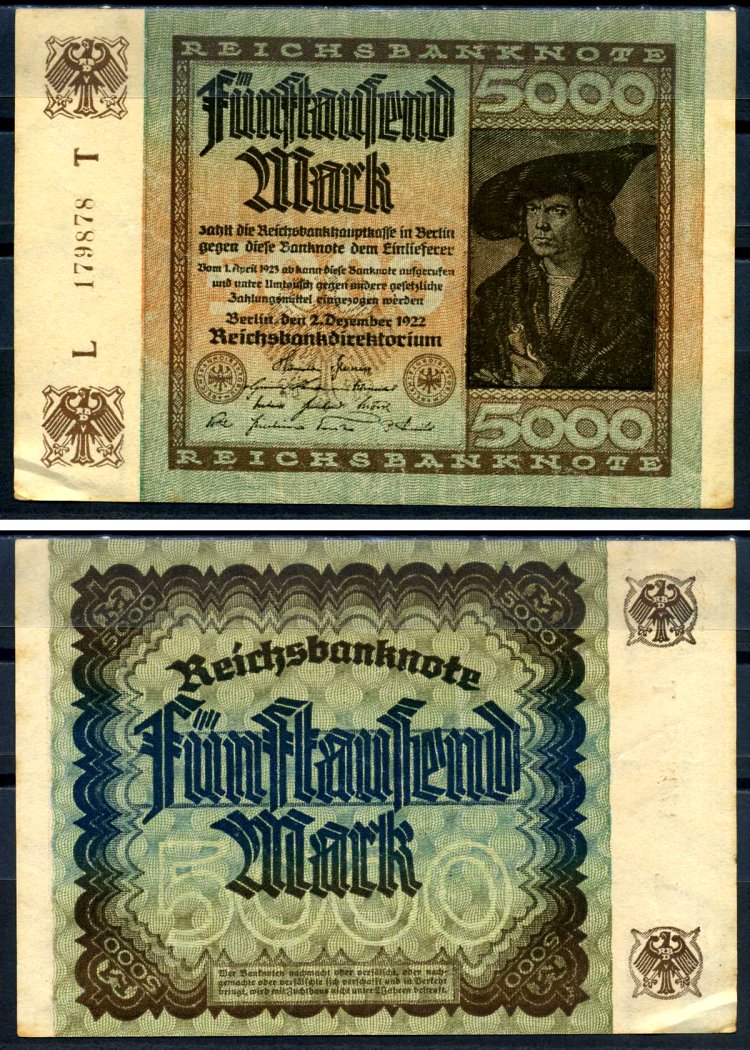 Германия 5000 марок 1922 2 декабря 1922, водяной знак E, серия T, буква L Pick 81 a бумага 8589-12-1-2