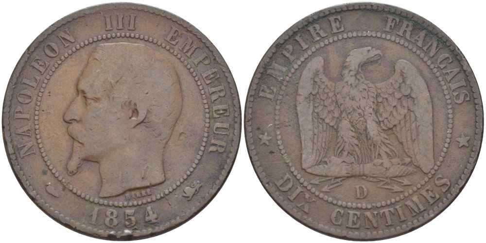 ФРАНЦИЯ 10 САНТИМОВ 1854 D, НАПОЛЕОН III (1852-1870) KM 771.4, LE FRANC 133.14 бронза 38-944