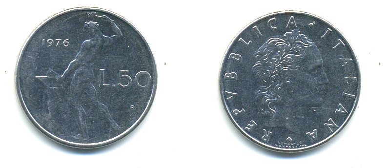 ИТАЛИЯ 50 ЛИР 1976 R КУЗНЕЦ KM 95.1 сталь 80-1242