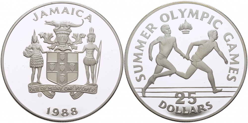 Ямайка 25 долларов 1988 XXIV летние Олимпийские игры 1988 года в Сеуле, эстафета KM 141 серебро PROOF 1077-8-33