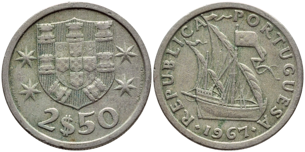 ПОРТУГАЛИЯ 2,5 ЭСКУДО 1967 KM 590 медно-никель 4396-138