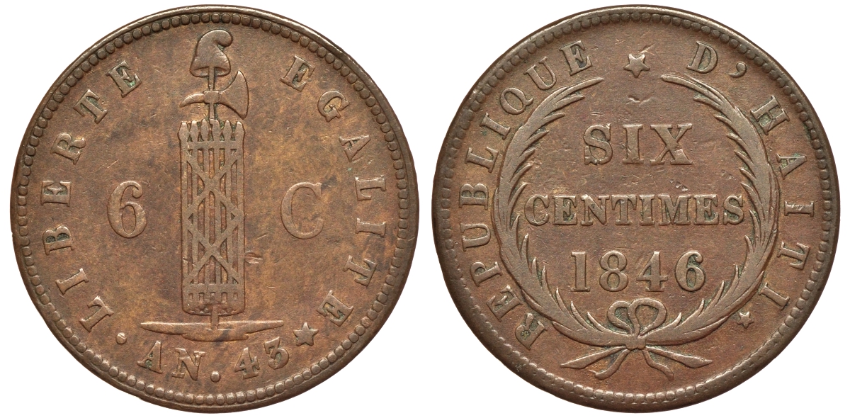 Гаити 6 сантимов 1846 43 год KM 28 медь 1526-534