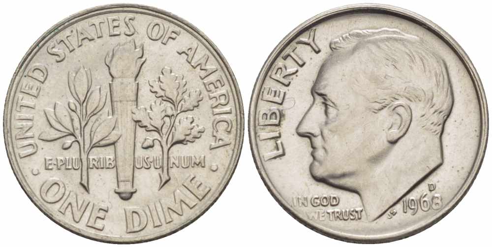 США 10 ЦЕНТОВ = 1 ДАЙМ 1968 D, РУЗВЕЛЬТ KM 195а медь плакированная медно-никелем 105-656