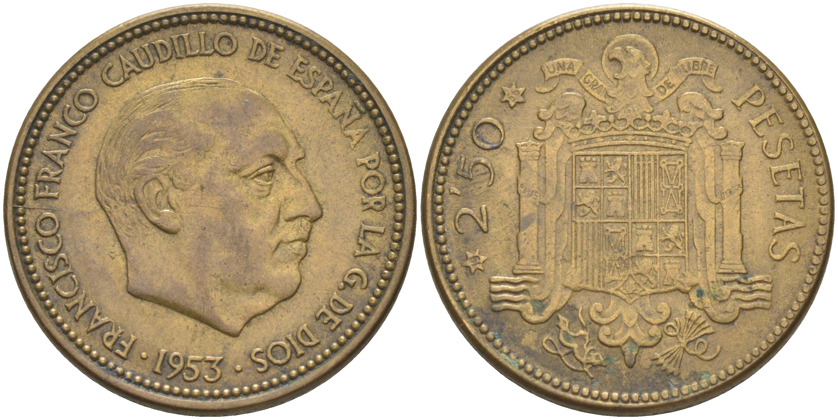 Испания 2,5 песеты 1953 (55) Франциско Франко (1939-1975) KM 785 алюминиевая бронза 4610-844