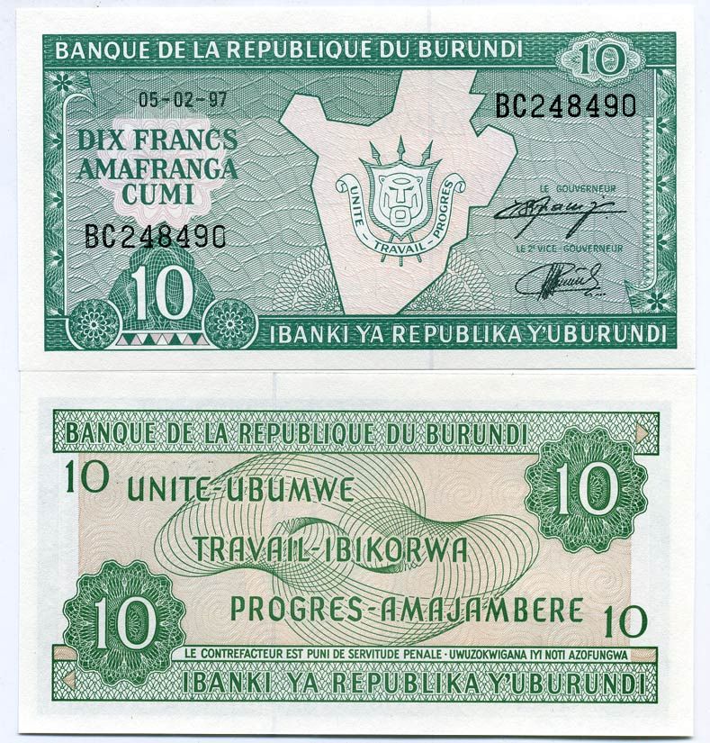 БУРУНДИ 10 ФРАНКОВ 1997 Pick 33d бумага UNC (пресс) 448-11-1