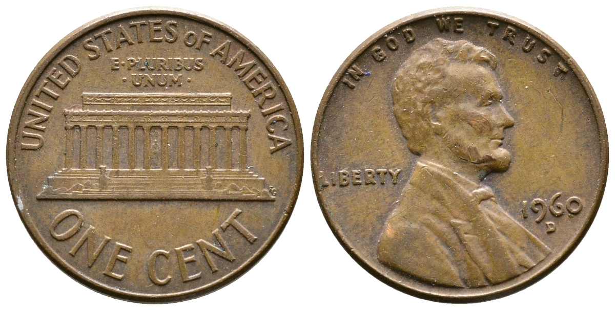 США 1 цент 1960 D, Линкольн, LARGE DATE KM 201 медь цинк 93-1221