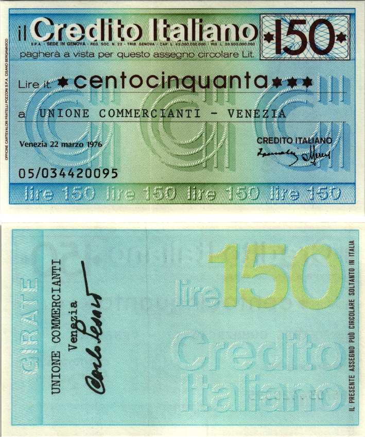 Италия чек на 150 лир 1976 22 марта 1976, credito Italiano бумага UNC (пресс) 7204-59-1-1
