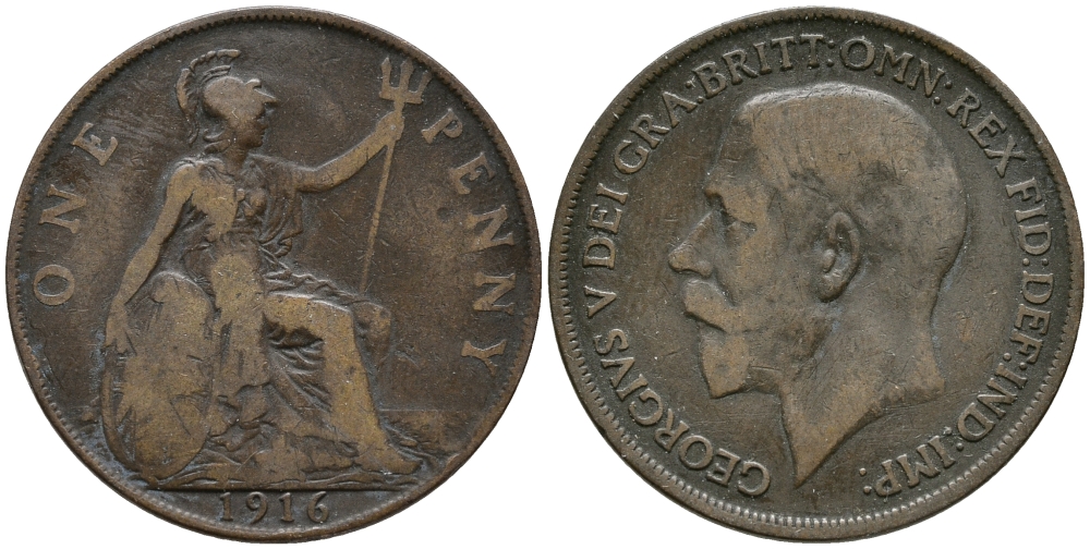 Великобритания 1 пенни 1916 Георг V (1910-1936) KM 810, Spink 4051 бронза 32-834