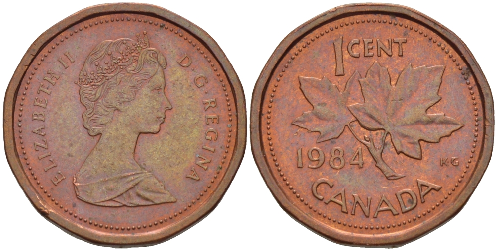 КАНАДА 1 ЦЕНТ 1984 КЛЕНОВЫЙ ЛИСТ, ЕЛИЗАВЕТА II KM 132 бронза 54-1067