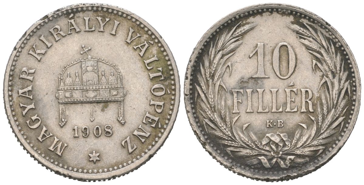 Венгрия 10 филлеров 1908 KB, Франц Иосиф I (1848-1916) KM 482 никель 192-657