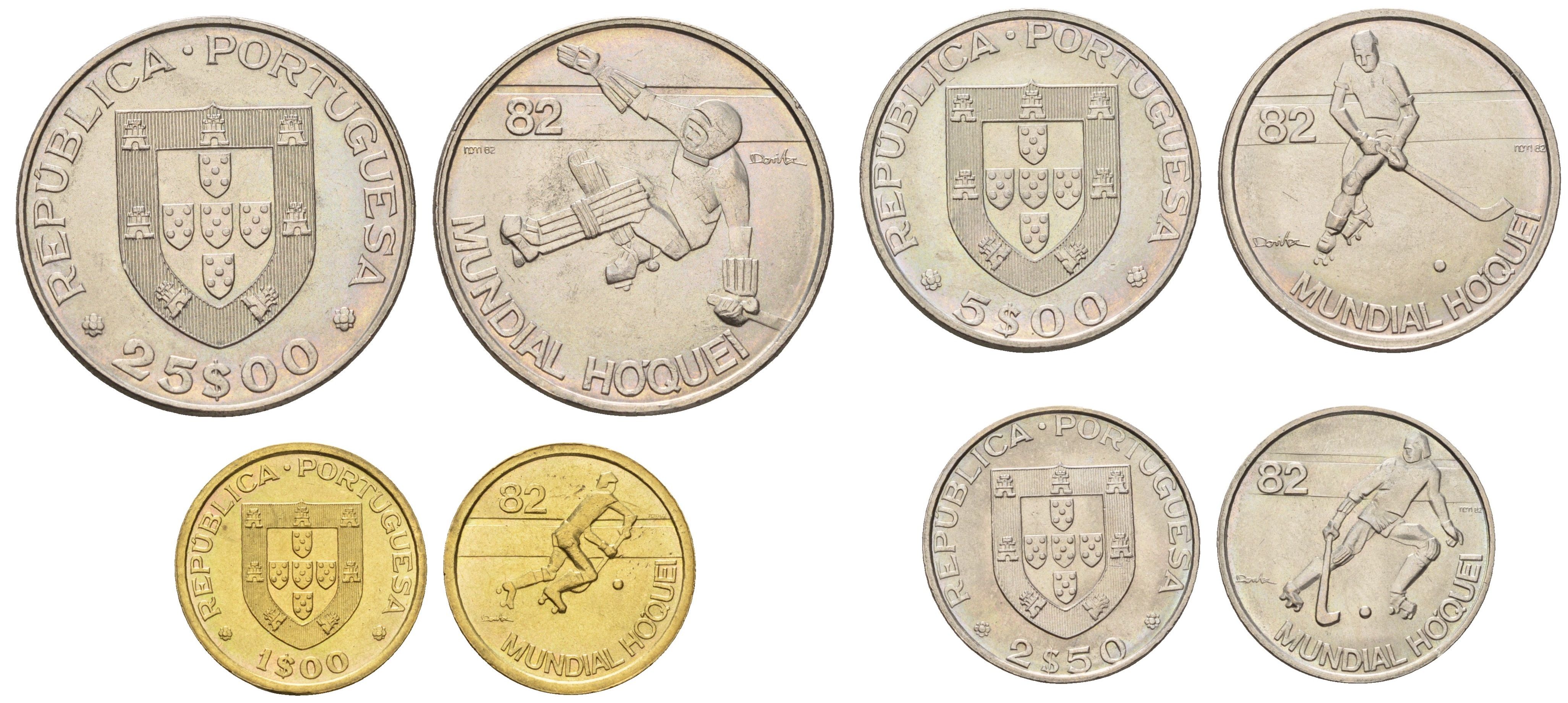 Португалия набор из 4 монет (1, 2,5, 5 и 25 эскудо) 1982 Чемпионат мира по хоккею на роликах KM 612, 613, 615 и 616 UNC 4670-1036-1037