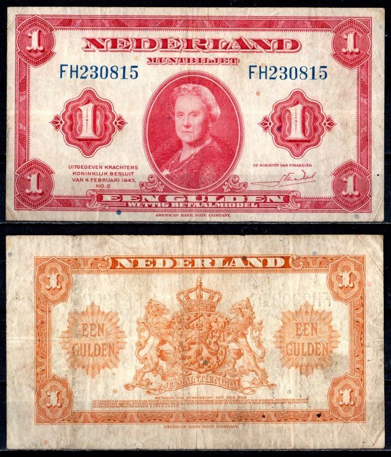 Нидерланды 1 гульден 1943 Pick 64 a бумага 7457-12-3-1