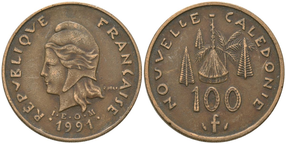 Французская Новая Каледония 100 франков 1991 хижина среди сосен и пальм, (IEOM) KM 15, Schoen 16, Lec 136 никель бронза 88-724