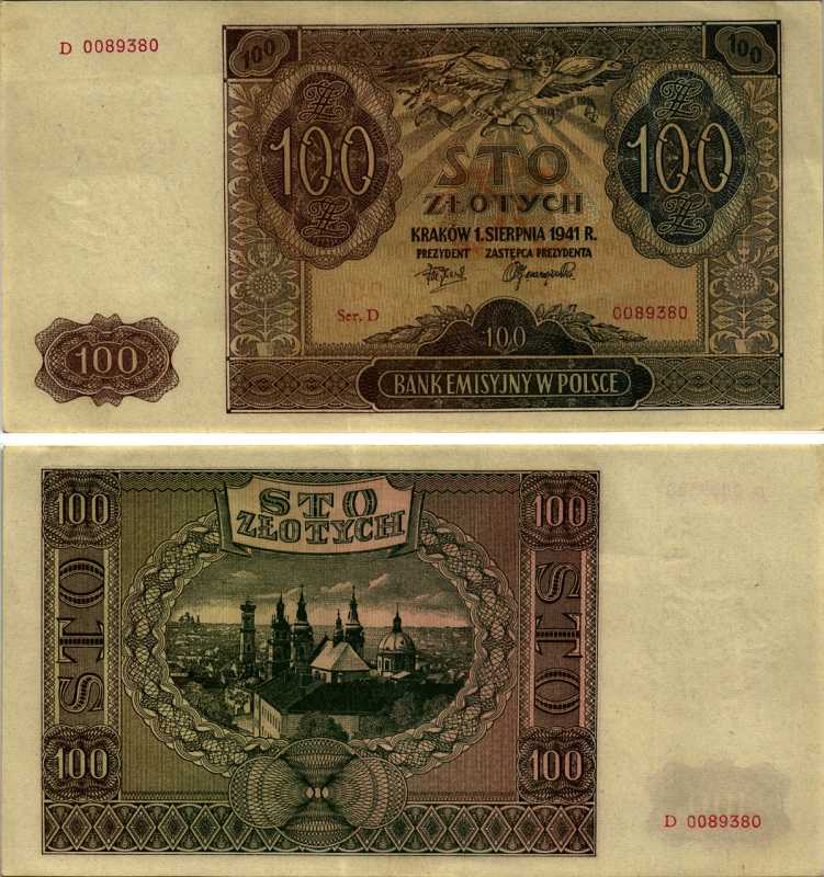 Польша 100 злотых 1941 Эмиссионный банк в Польше (немецкая оккупация) Pick 103 бумага aUNC 6352-56-2-2