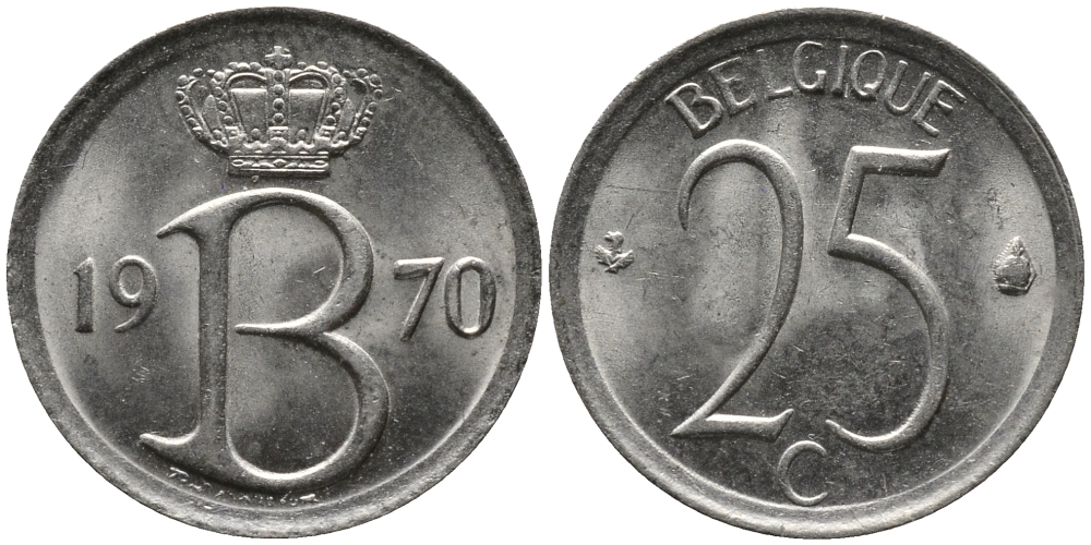 Бельгия 25 сантимов 1970 Belgique, Бодуэн I (1951-1993) KM 153.1 медно-никель 99-421