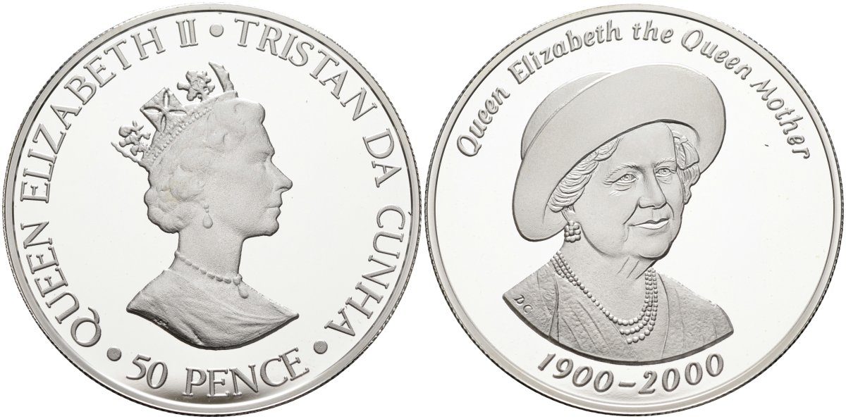 Тристан-да-Кунья 50 пенсов 2000 серия королева Елизавета - королева мать, тираж 10000 экз. KM 10а серебро PROOF 04-317-11