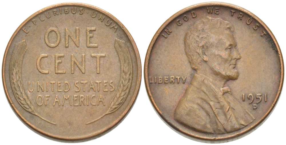 США 1 ЦЕНТ 1951 D, ЛИНКОЛЬН KM А132 медь цинк 3309-565