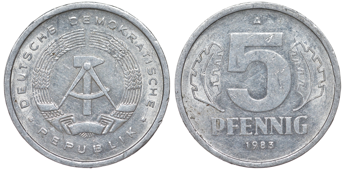 ГДР 5 ПФЕННИГОВ 1983 A КМ 9.2 алюминий 62-447