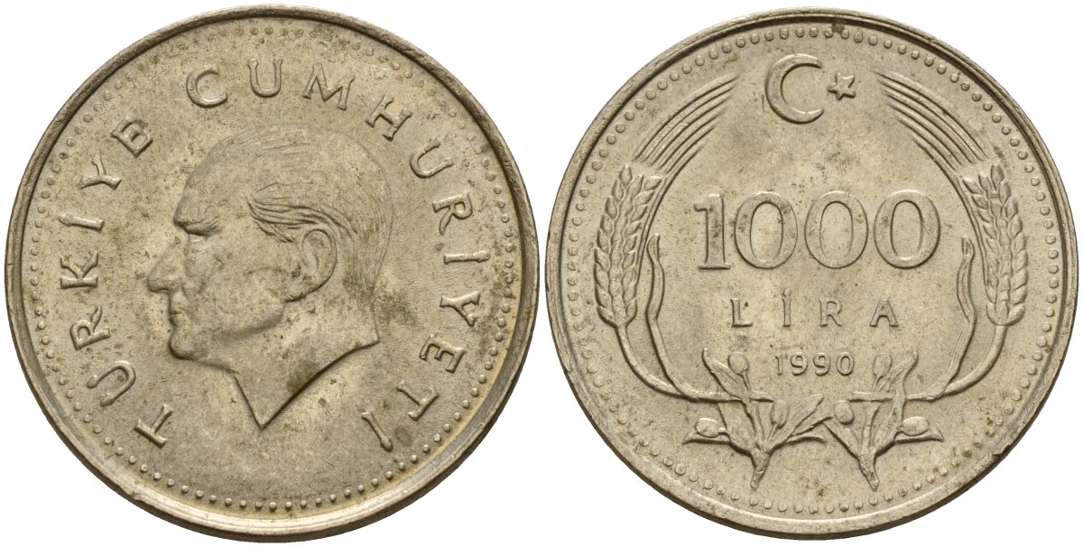 Турция 1000 лир 1990 Кемаль Ататюрк KM 997 медь цинк никель 4156-833