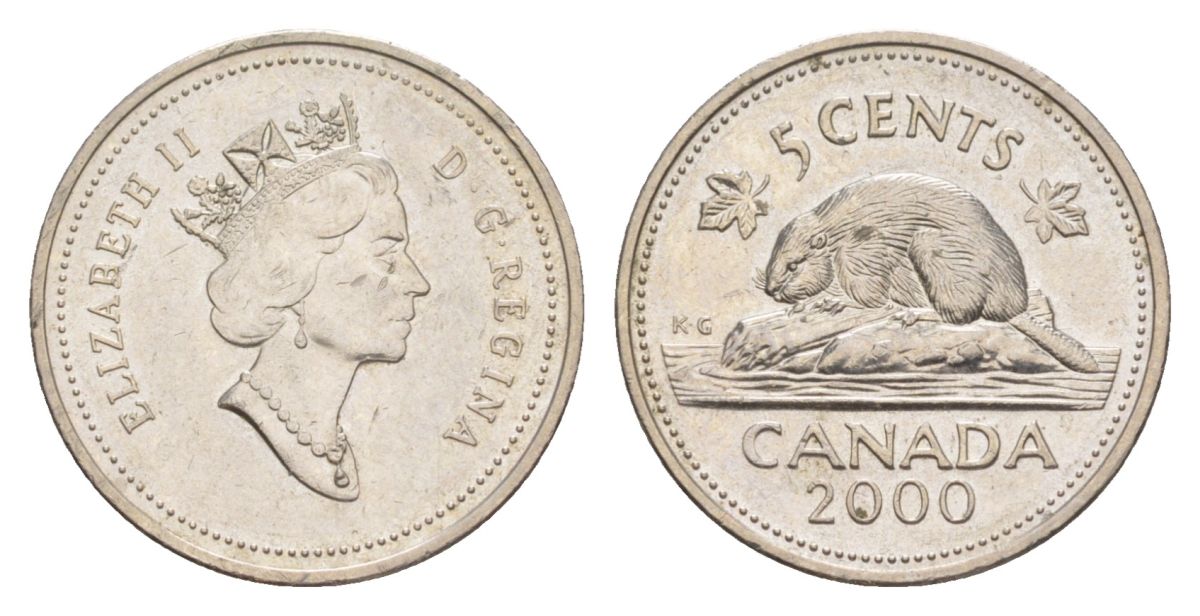 Канада 5 центов 2000 Елизавета II (1952-2022), бобр KM 182 медно-никель 4630-749