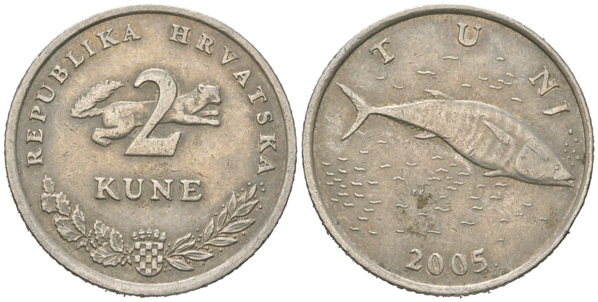 Хорватия 2 куна 2005 тунец, легенда на хорватском KM 10 медь цинк никель 4448-1252
