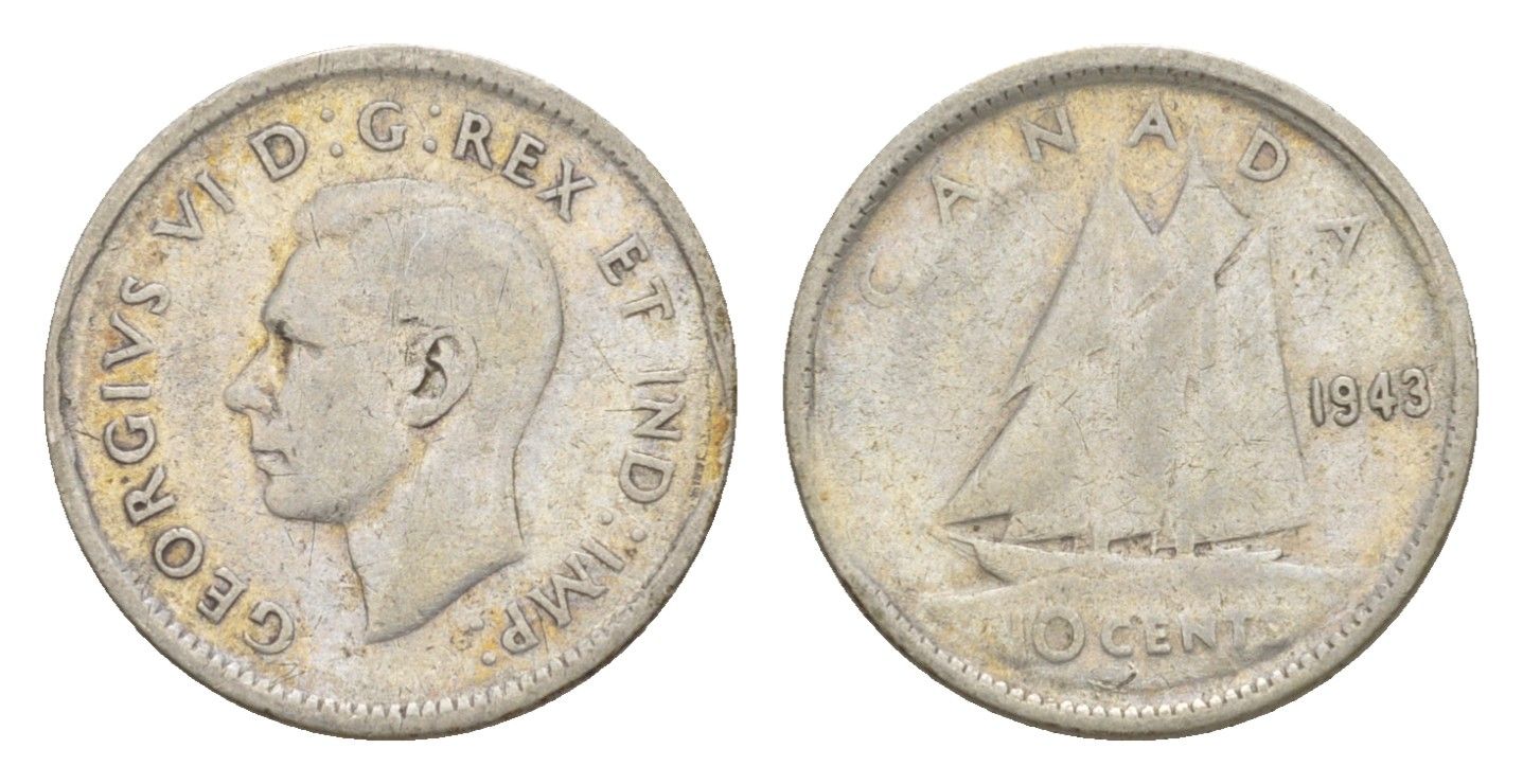 Канада 10 центов 1943 Георг VI (1936-1952), парусник KM 34 серебро 4639-544