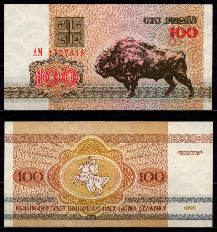 Беларусь 100 рублей 1992 Pick 8 (1) бумага UNC (пресс) 6278-56-3-2